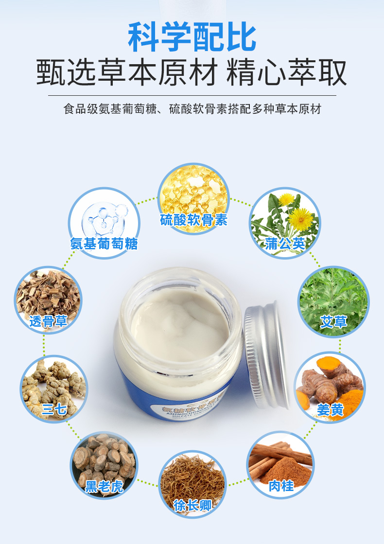 科學配比，甄選草本原材精心萃取，食品級氨基葡萄糖、硫酸軟骨素搭配多種草本原材